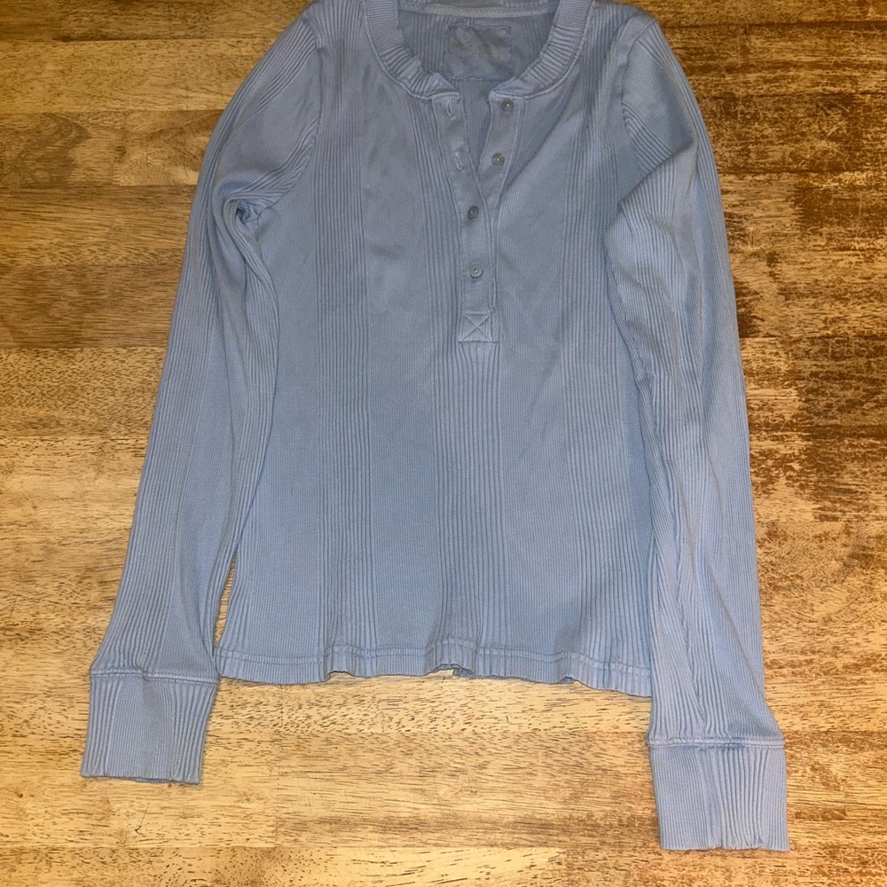 Light Blue Long Sleeve Ribbed Henley Top - aerie - size xl